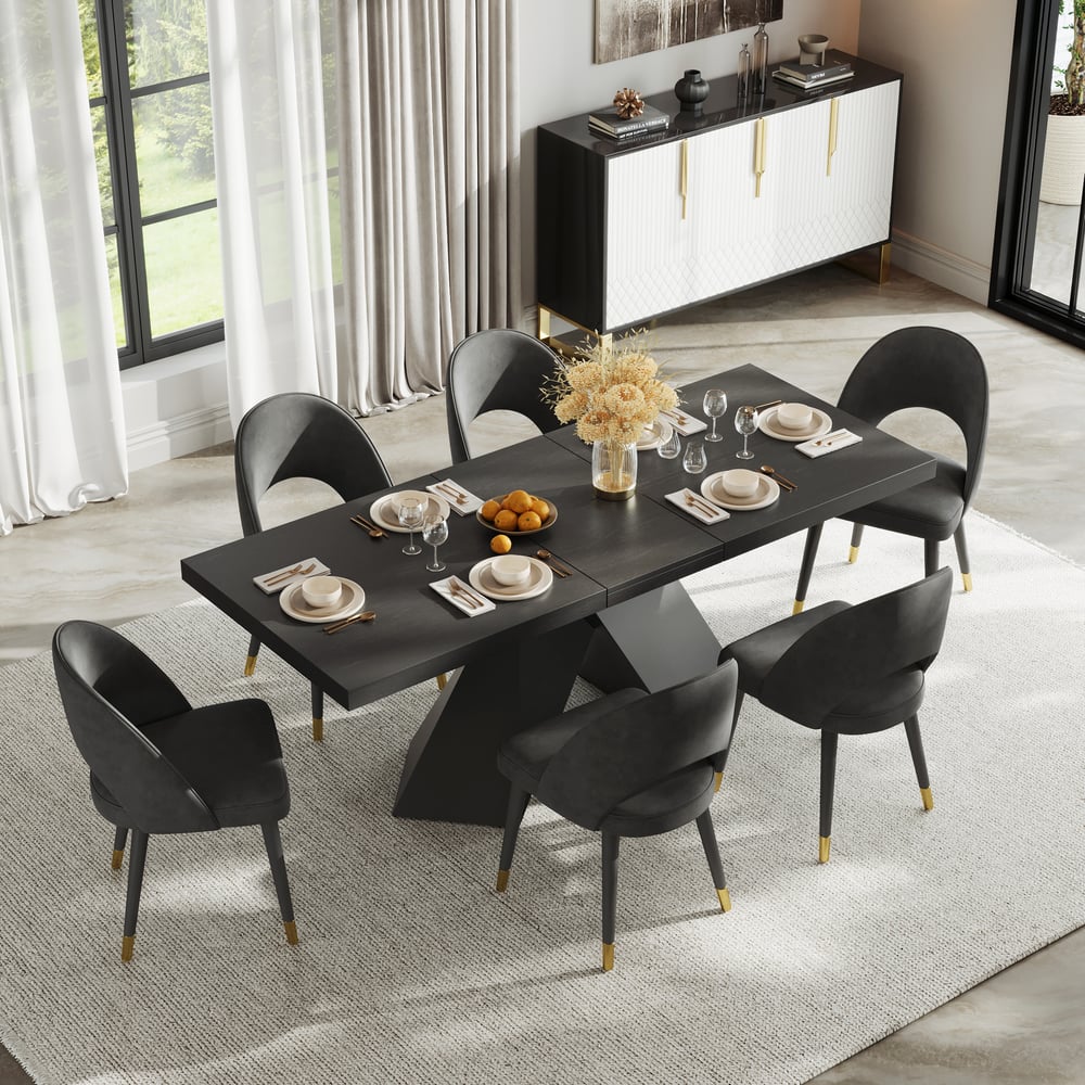 Dining Set 64"-79" Extendable Black Table with 6 Chairs window image