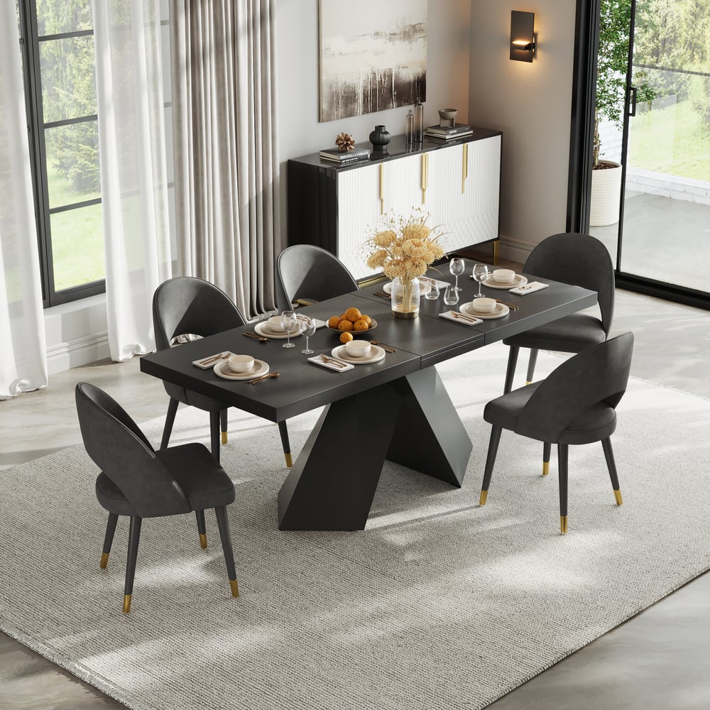 Dining Set 64"-79" Extendable Black Table with 6 Chairs window image