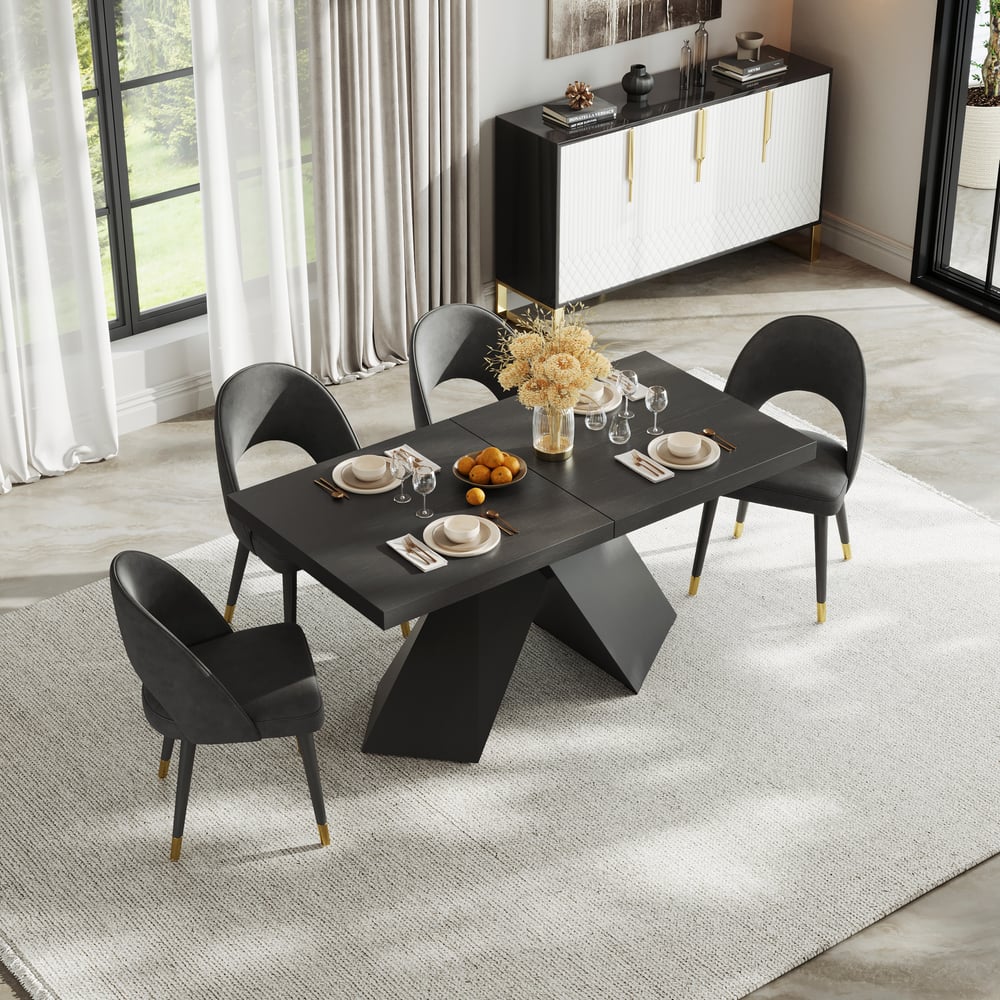 1600mm-2000mm Extendable Black Dining Table & 4 Walnut Japandi Rattan Dining Chairs window image