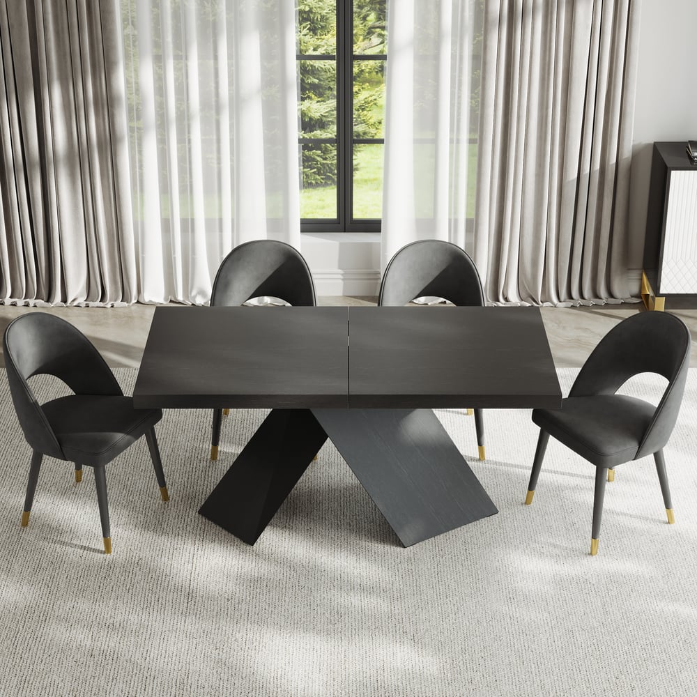 1600mm-2000mm Extendable Black Dining Table & 4 Walnut Japandi Rattan Dining Chairs window image