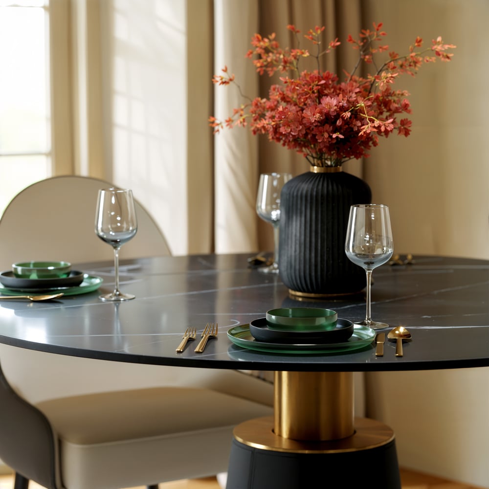 39" Sintered Stone Round Dining Table with Saddle Leather Base Seats 2-4 People window image