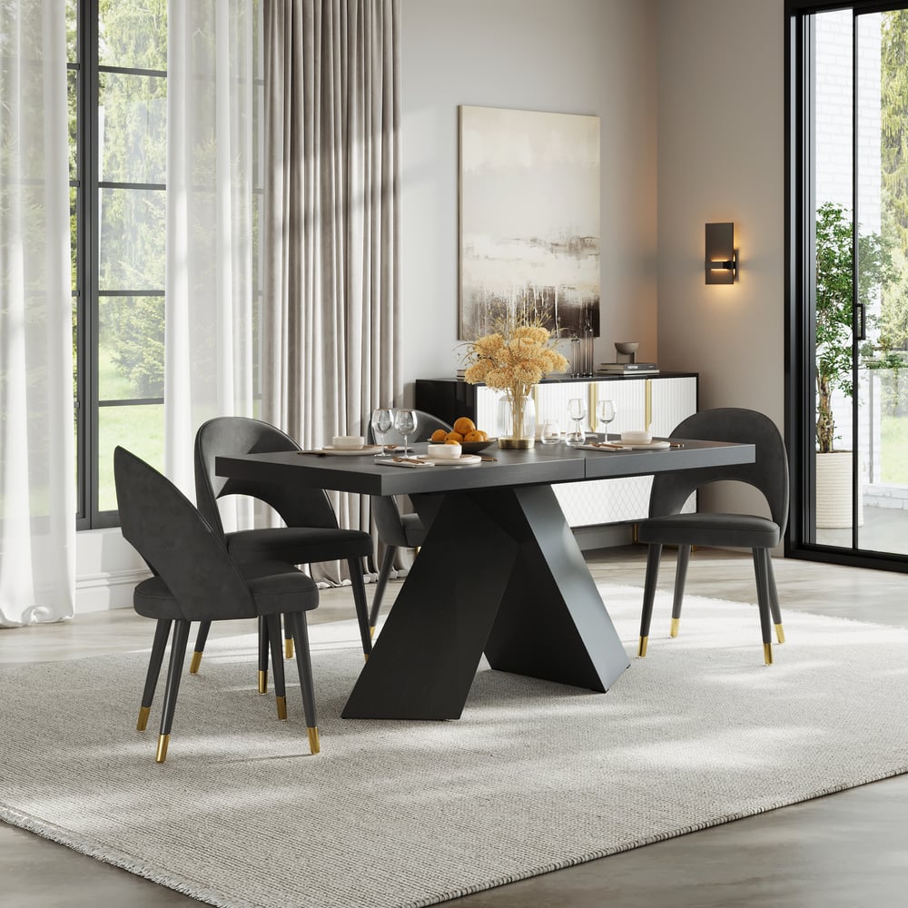 1600mm-2000mm Extendable Black Dining Table & 4 Walnut Japandi Rattan Dining Chairs window image