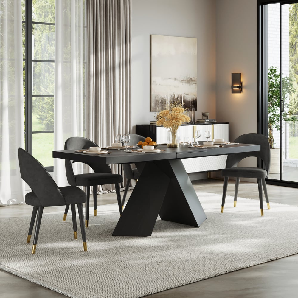 1600mm-2000mm Extendable Black Dining Table & 4 Walnut Japandi Rattan Dining Chairs window image