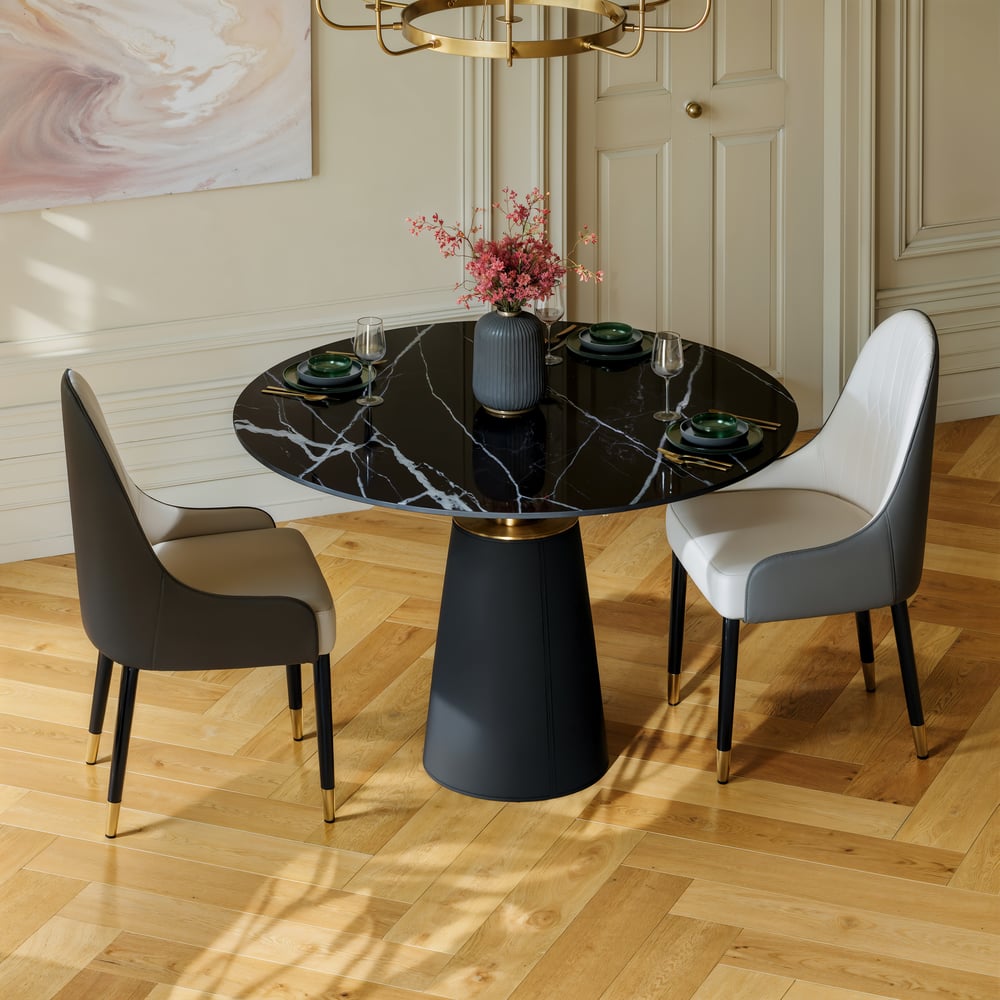 39" Sintered Stone Round Dining Table with Saddle Leather Base Seats 2-4 People window image