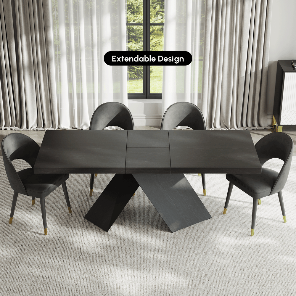 1600mm-2000mm Extendable Black Dining Table & 4 Walnut Japandi Rattan Dining Chairs window image