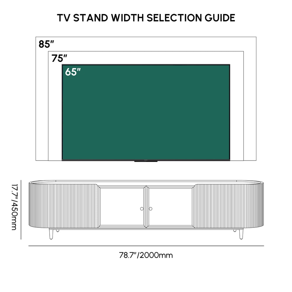 Palley moderner ovaler TV-Schrank mit Stauraum und Glastüren in Weiß, 200 cm Bild der Gewichte & Abmessungen