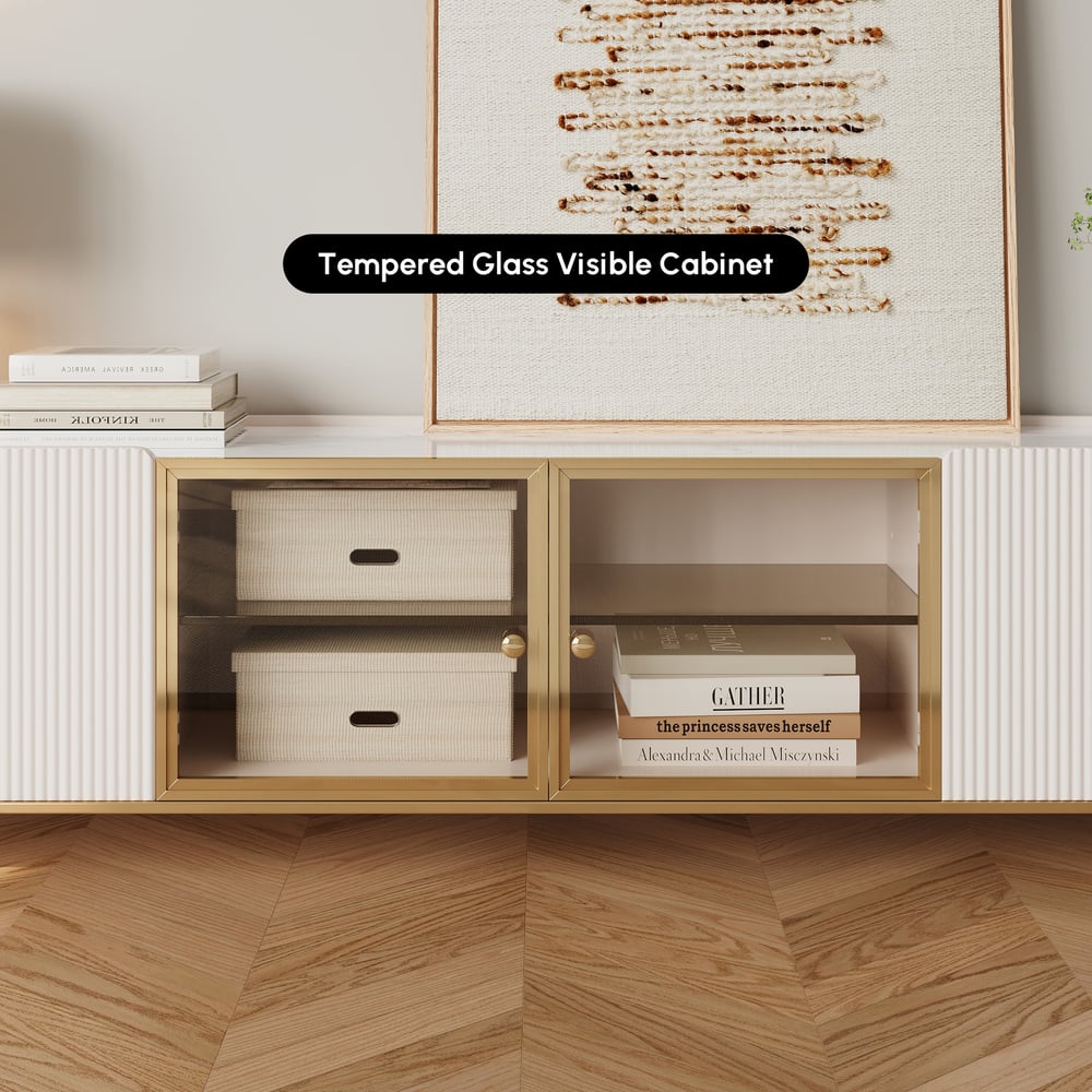 Palley moderner ovaler TV-Schrank mit Stauraum und Glastüren in Weiß, 200 cm Schaufensterbilder