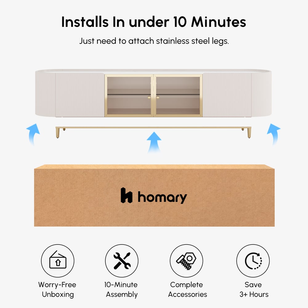 Palley moderner ovaler TV-Schrank mit Stauraum und Glastüren in Weiß, 200 cm Schaufensterbilder