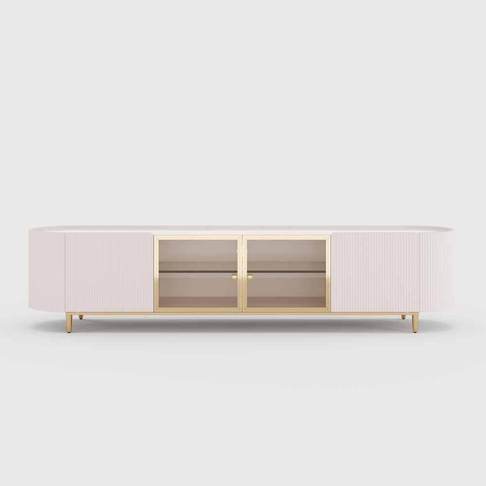 Palley moderner ovaler TV-Schrank mit Stauraum und Glastüren in Weiß, 200 cm Schaufensterbilder