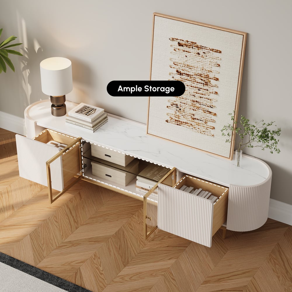 Palley moderner ovaler TV-Schrank mit Stauraum und Glastüren in Weiß, 200 cm Schaufensterbilder