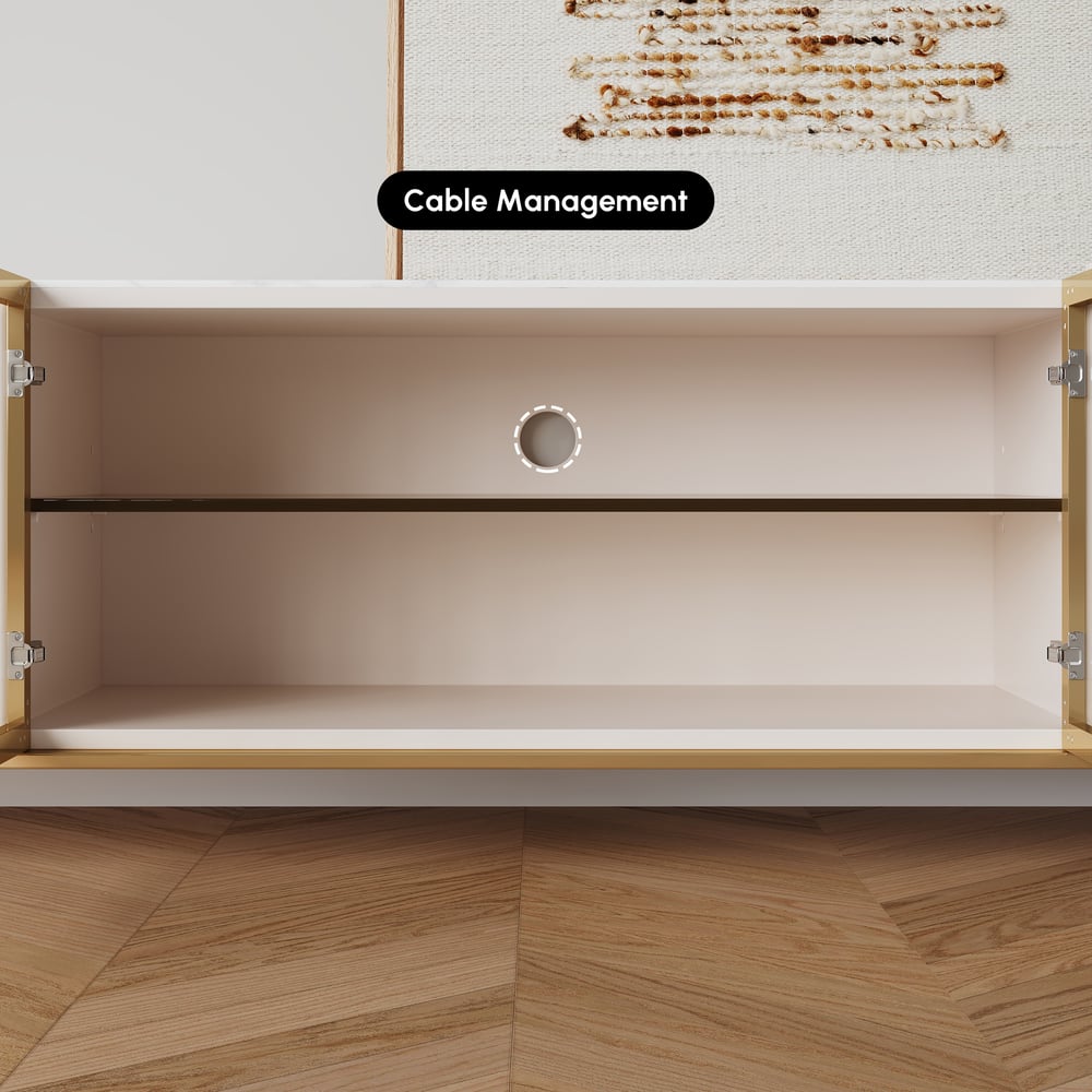 Palley moderner ovaler TV-Schrank mit Stauraum und Glastüren in Weiß, 200 cm Schaufensterbilder