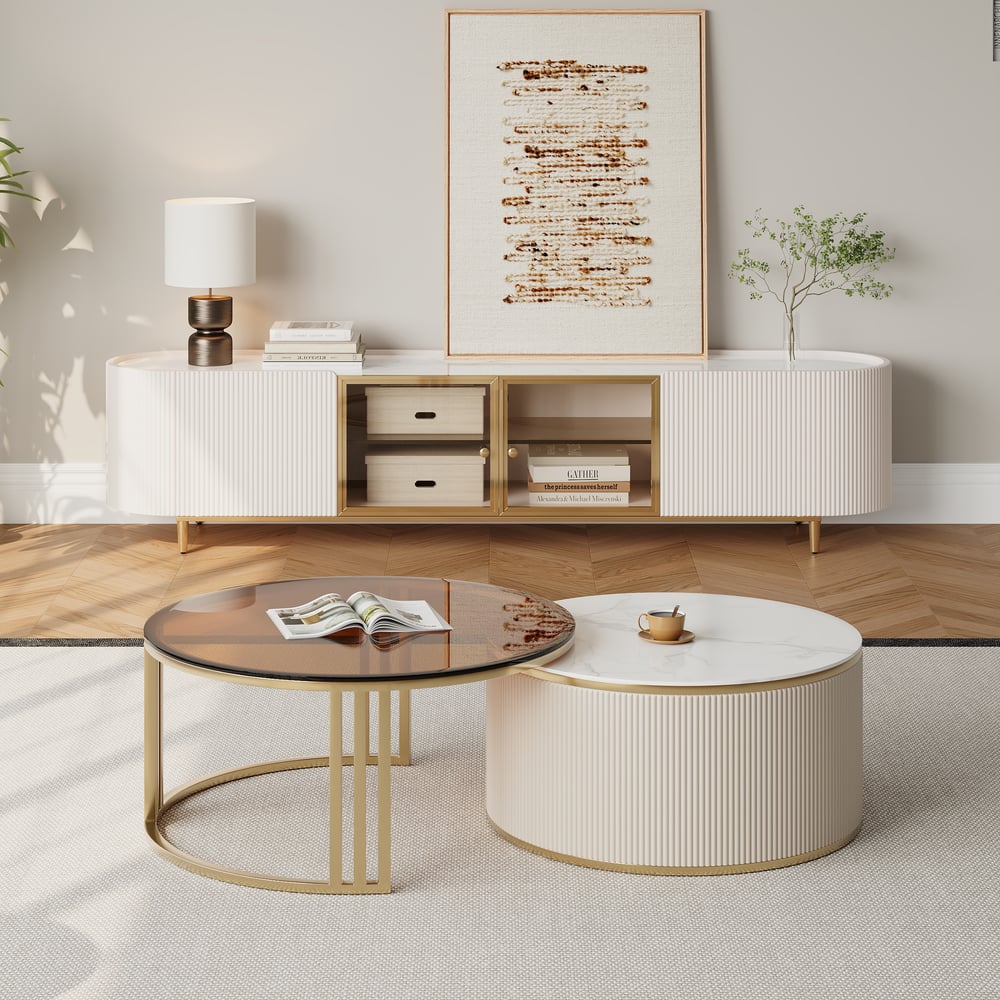 Palley moderner ovaler TV-Schrank mit Stauraum und Glastüren in Weiß, 200 cm Schaufensterbilder