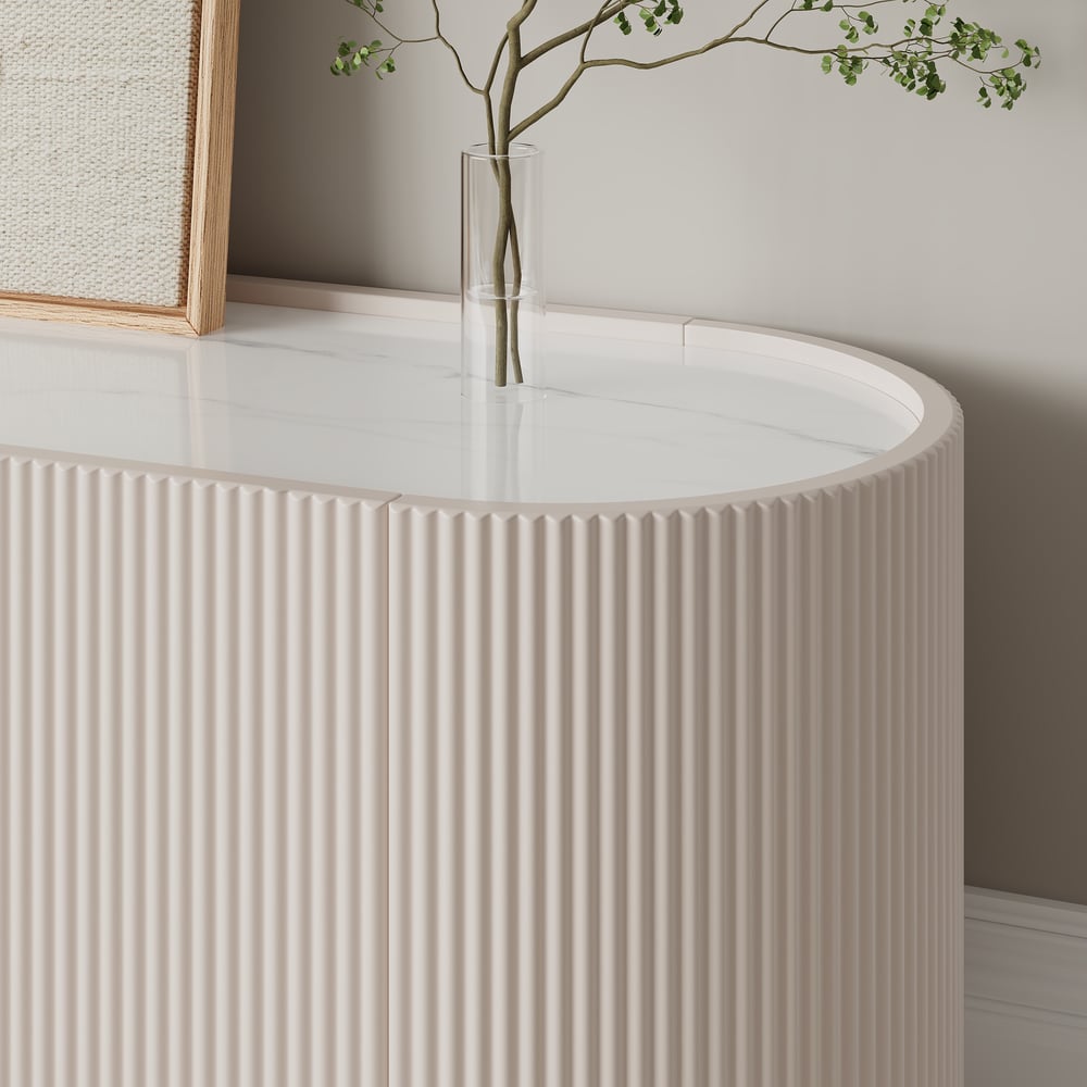 Palley moderner ovaler TV-Schrank mit Stauraum und Glastüren in Weiß, 200 cm Schaufensterbilder