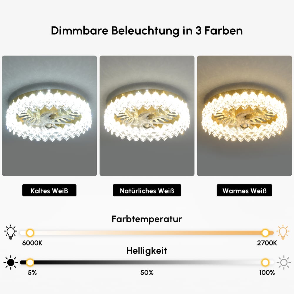 Golden Crystal Fan Lamp with Adjustable Brightness & Color and Diamond Decor window image