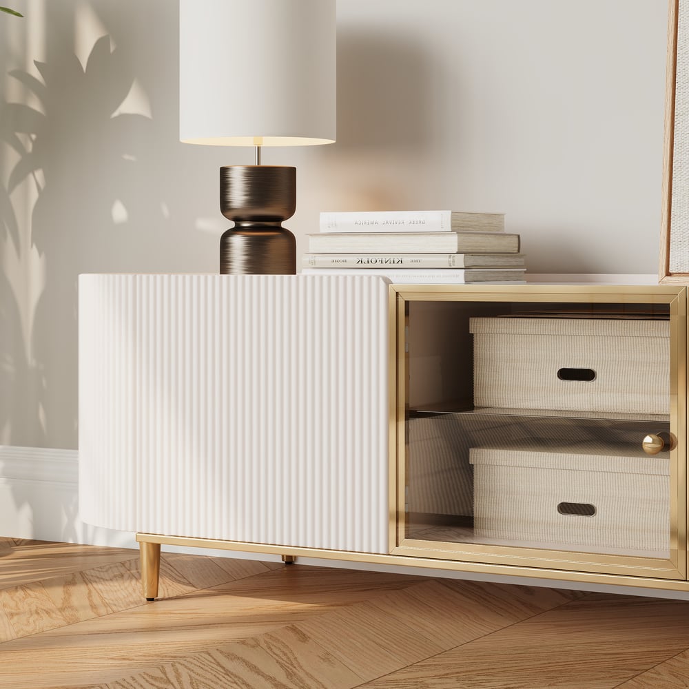 Palley moderner ovaler TV-Schrank mit Stauraum und Glastüren in Weiß, 200 cm Schaufensterbilder