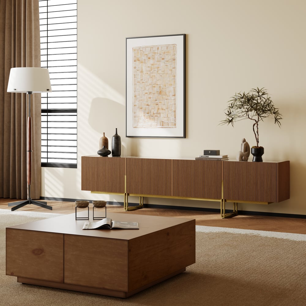 Grovyn 95" Sintered Stone Top Fluted TV Stand with Storage window image