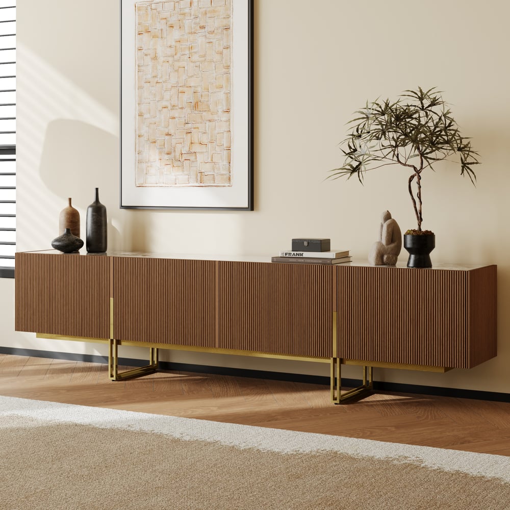 Grovyn 95" Sintered Stone Top Fluted TV Stand with Storage window image