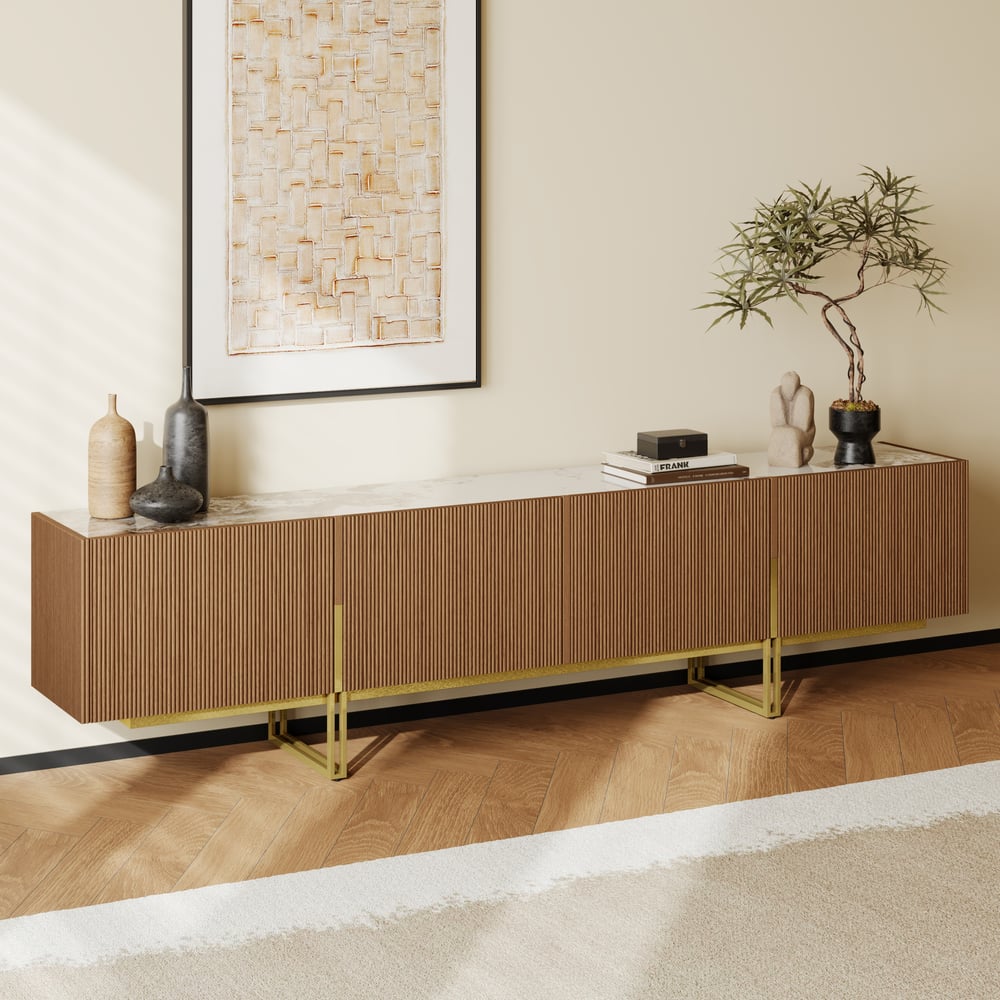 Grovyn 95" Sintered Stone Top Fluted TV Stand with Storage window image