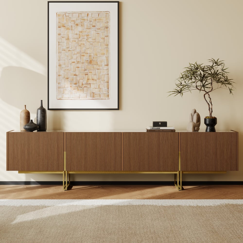 Grovyn 95" Sintered Stone Top Fluted TV Stand with Storage window image