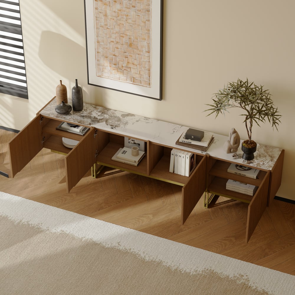 Grovyn 95" Sintered Stone Top Fluted TV Stand with Storage window image