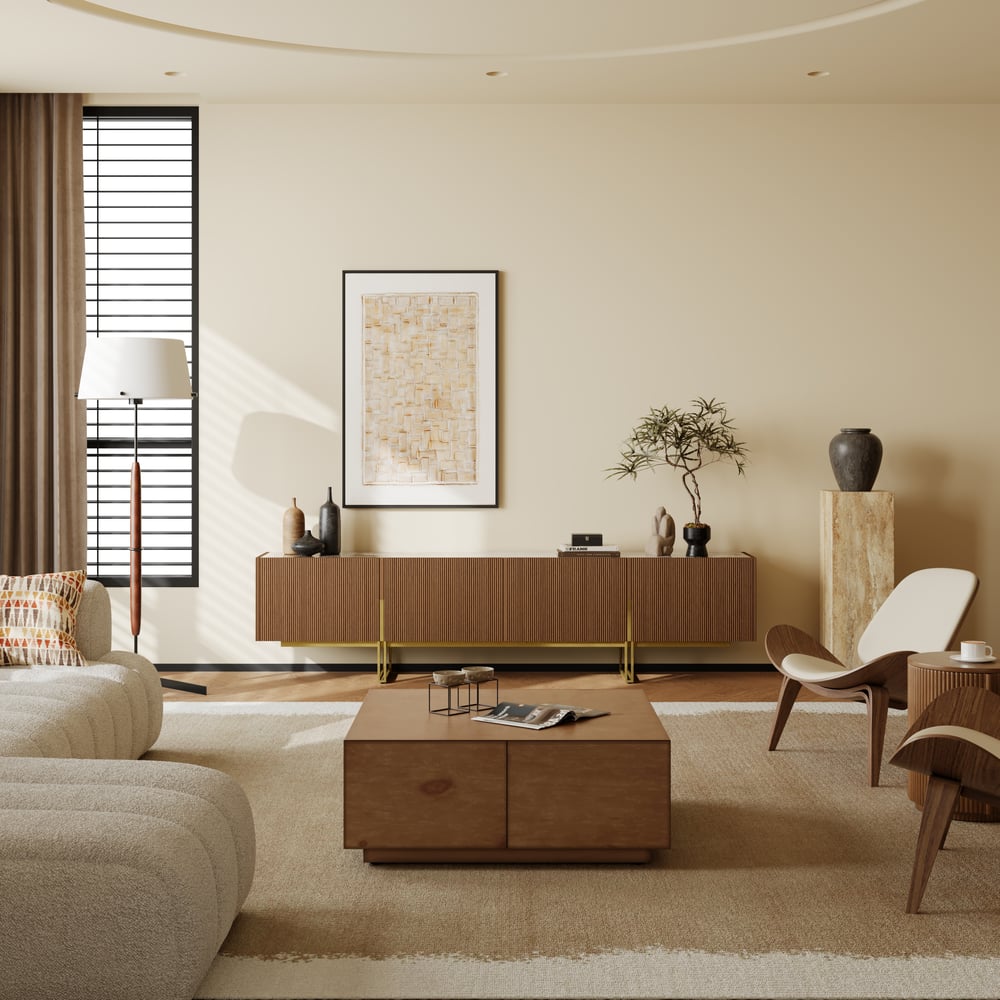 Grovyn 95" Sintered Stone Top Fluted TV Stand with Storage window image