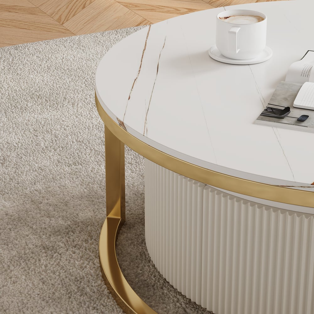 Round 2-Piece Nesting Set Sintered Stone Top Beige Coffee Table with Drawer window image