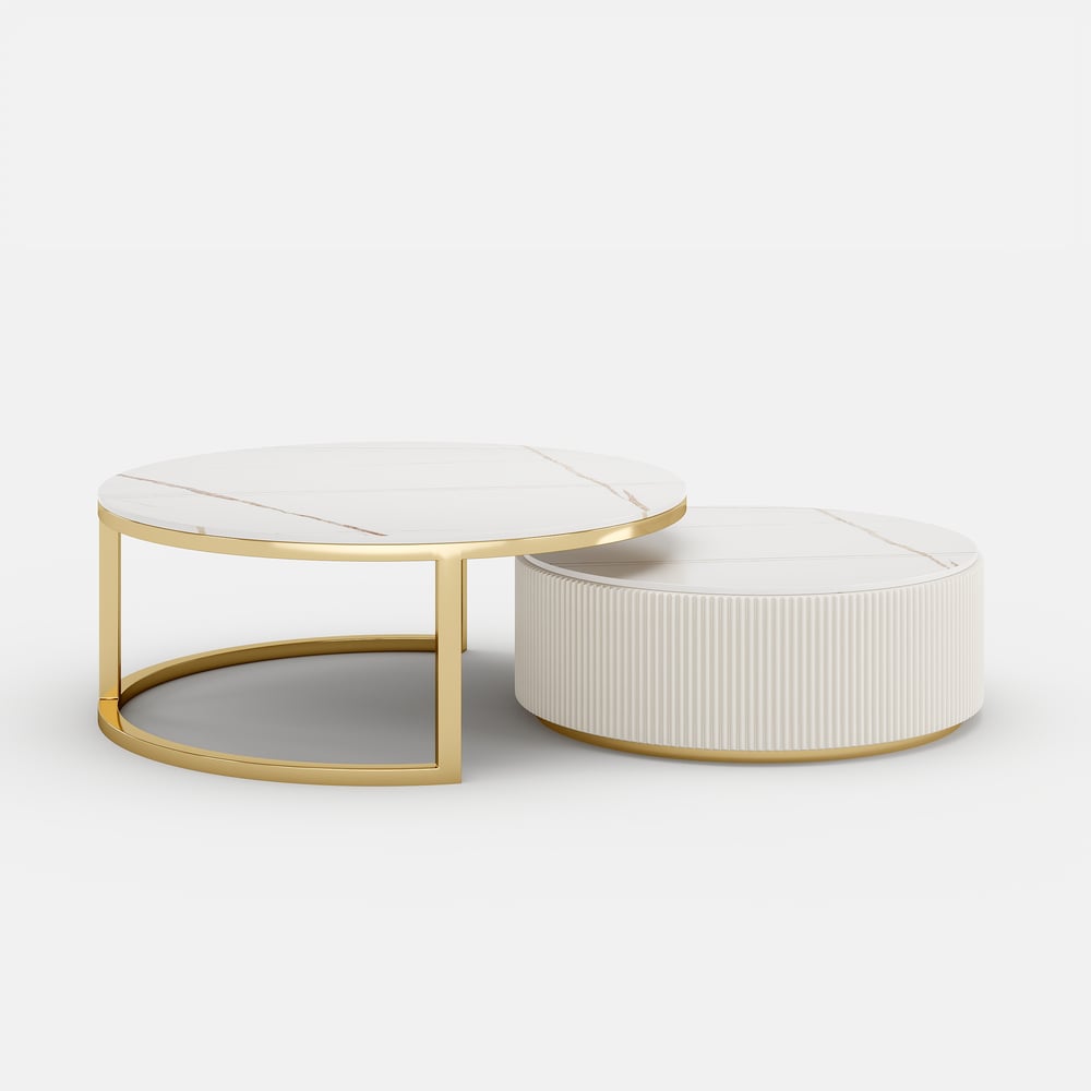 Round 2-Piece Nesting Set Sintered Stone Top Beige Coffee Table with Drawer window image