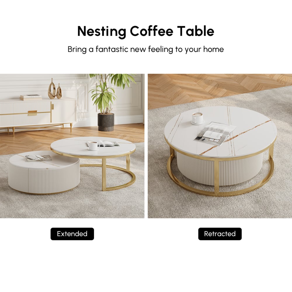 Round 2-Piece Nesting Set Sintered Stone Top Beige Coffee Table with Drawer window image