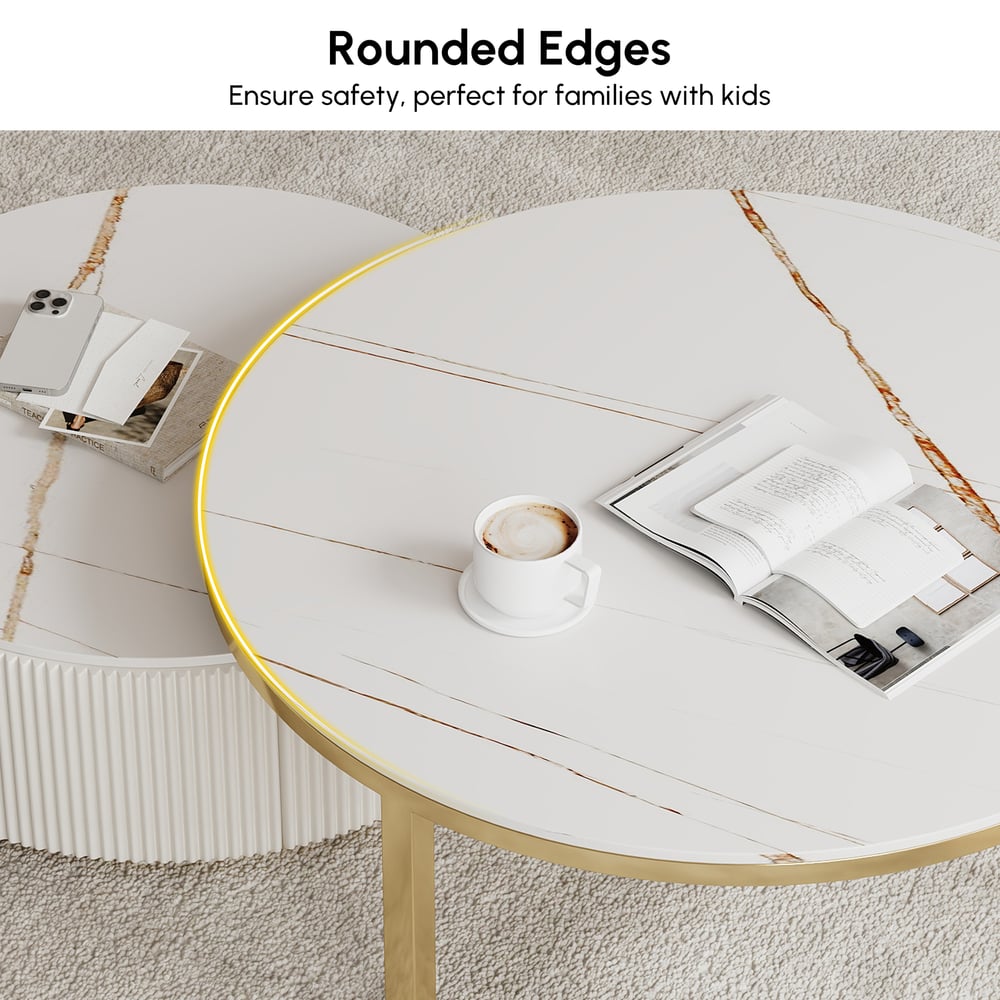 Round 2-Piece Nesting Set Sintered Stone Top Beige Coffee Table with Drawer window image