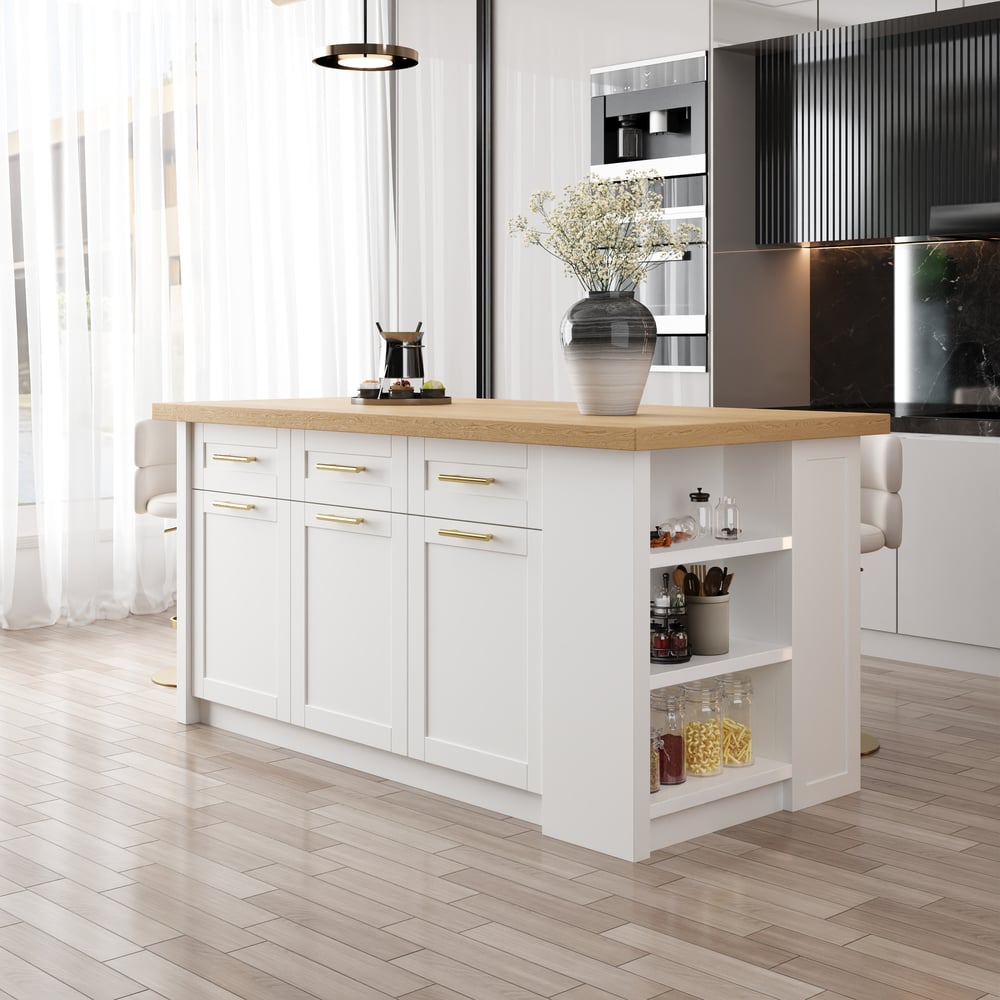 Grand îlot de cuisine naturel et blanc de 1830 mm avec armoire de cuisine moderne de rangement image de fenêtre