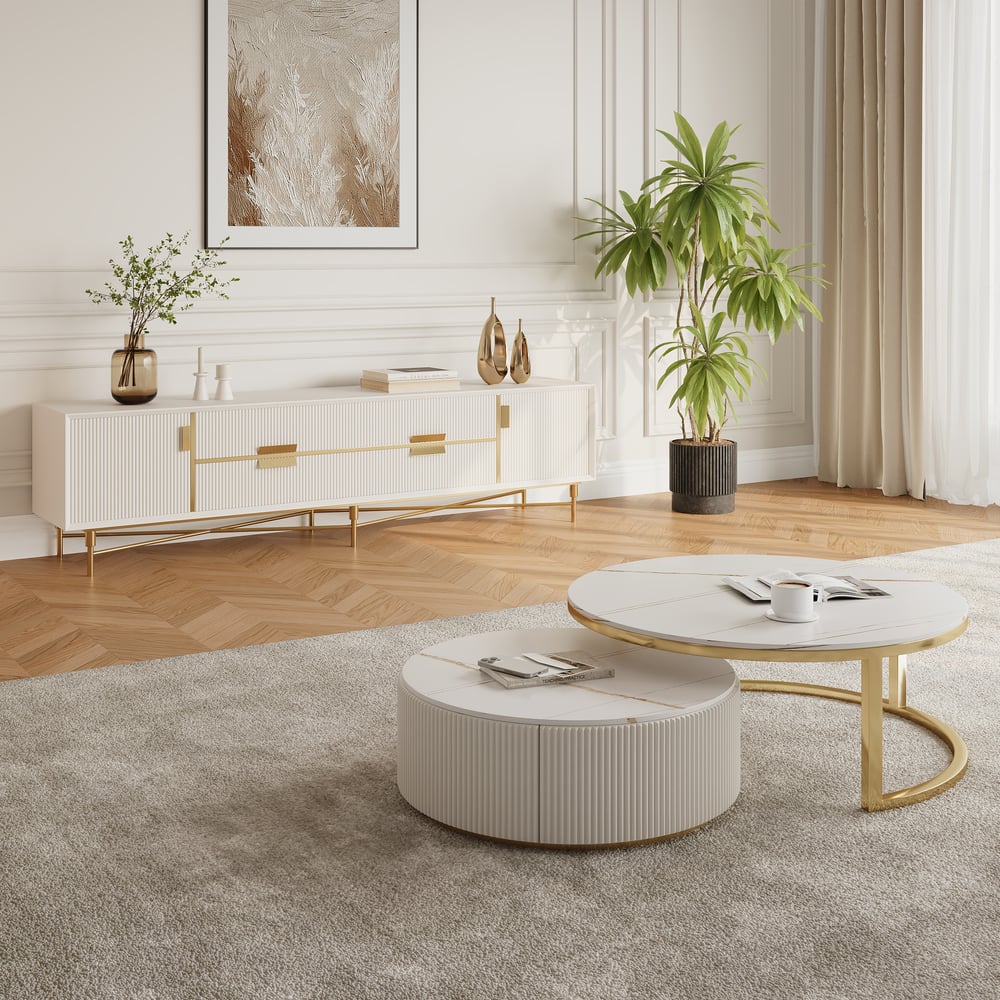 Round 2-Piece Nesting Set Sintered Stone Top Beige Coffee Table with Drawer window image