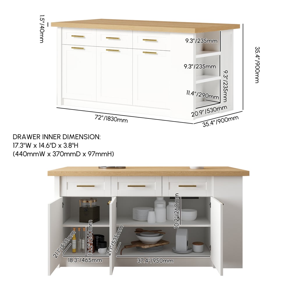 Grand îlot de cuisine naturel et blanc de 1830 mm avec armoire de cuisine moderne de rangement Poids, dimensions, image