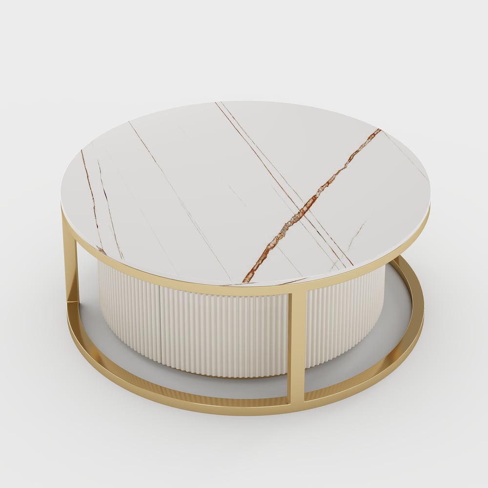 Round 2-Piece Nesting Set Sintered Stone Top Beige Coffee Table with Drawer window image