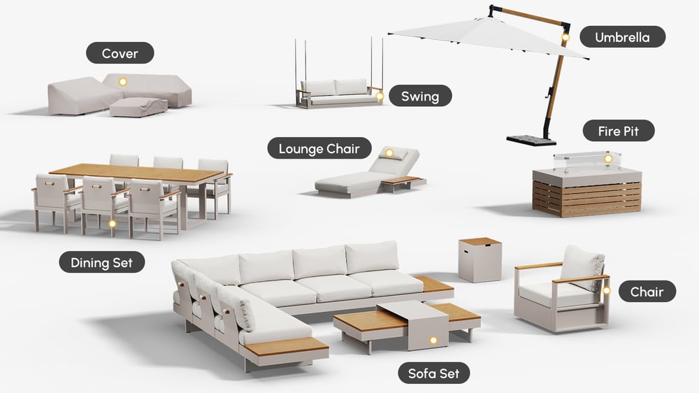 Ensemble de canapé d'extérieur modulaire en teck 5 pièces Tevara 119 cm avec foyer sans fumée pour 6 personnes image de fenêtre