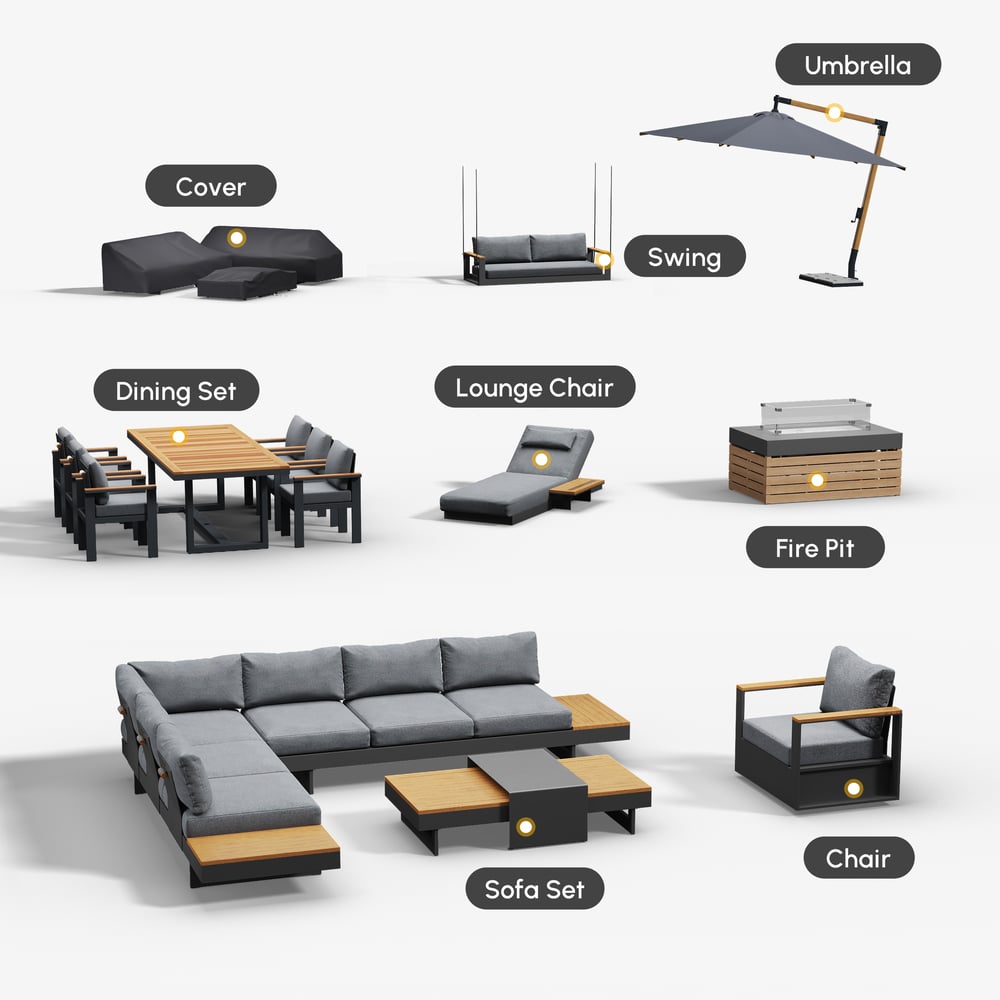 Axis 4-Pieces Modular Aluminum & Teak Outdoor Sofa Set for 6 Person in Gray window image