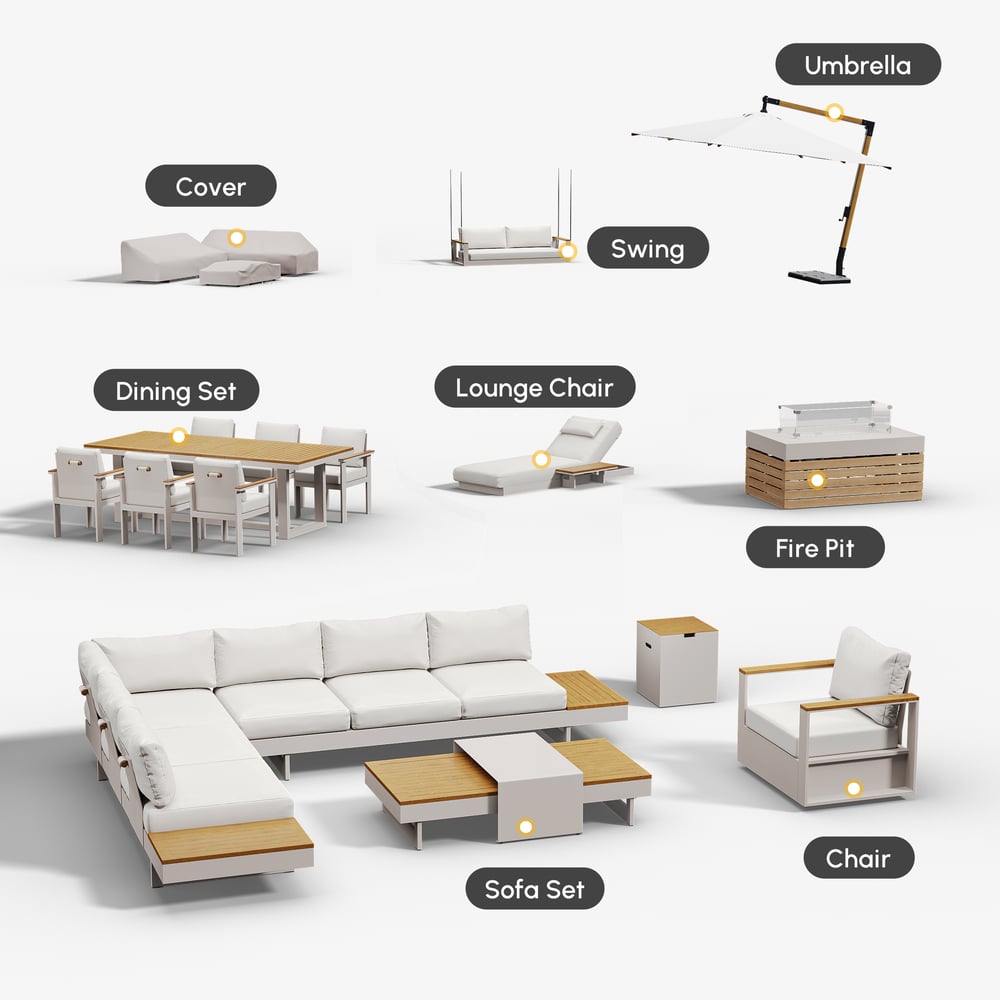 Axis 4-Pieces Modular Aluminum & Teak Outdoor Sofa Set for 6 Person in Light Gray window image