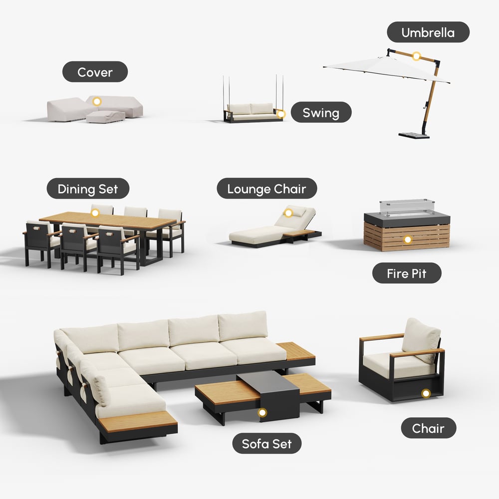 Axis 4-Pieces Modular Aluminum & Teak Outdoor Sofa Set for 6 Person in Beige window image