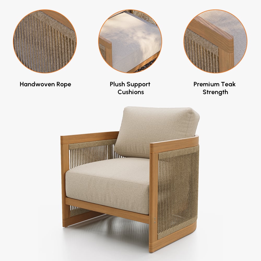 Chaise d'extérieur tissée en corde de teck naturel image de fenêtre