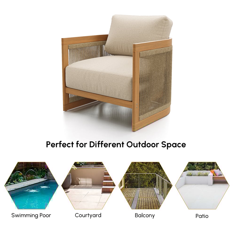 Chaise d'extérieur tissée en corde de teck naturel image de fenêtre