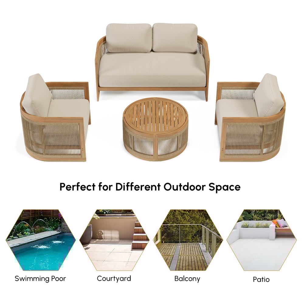 Ensemble de canapé d'extérieur tressé en corde de teck beige 4 pièces image de fenêtre