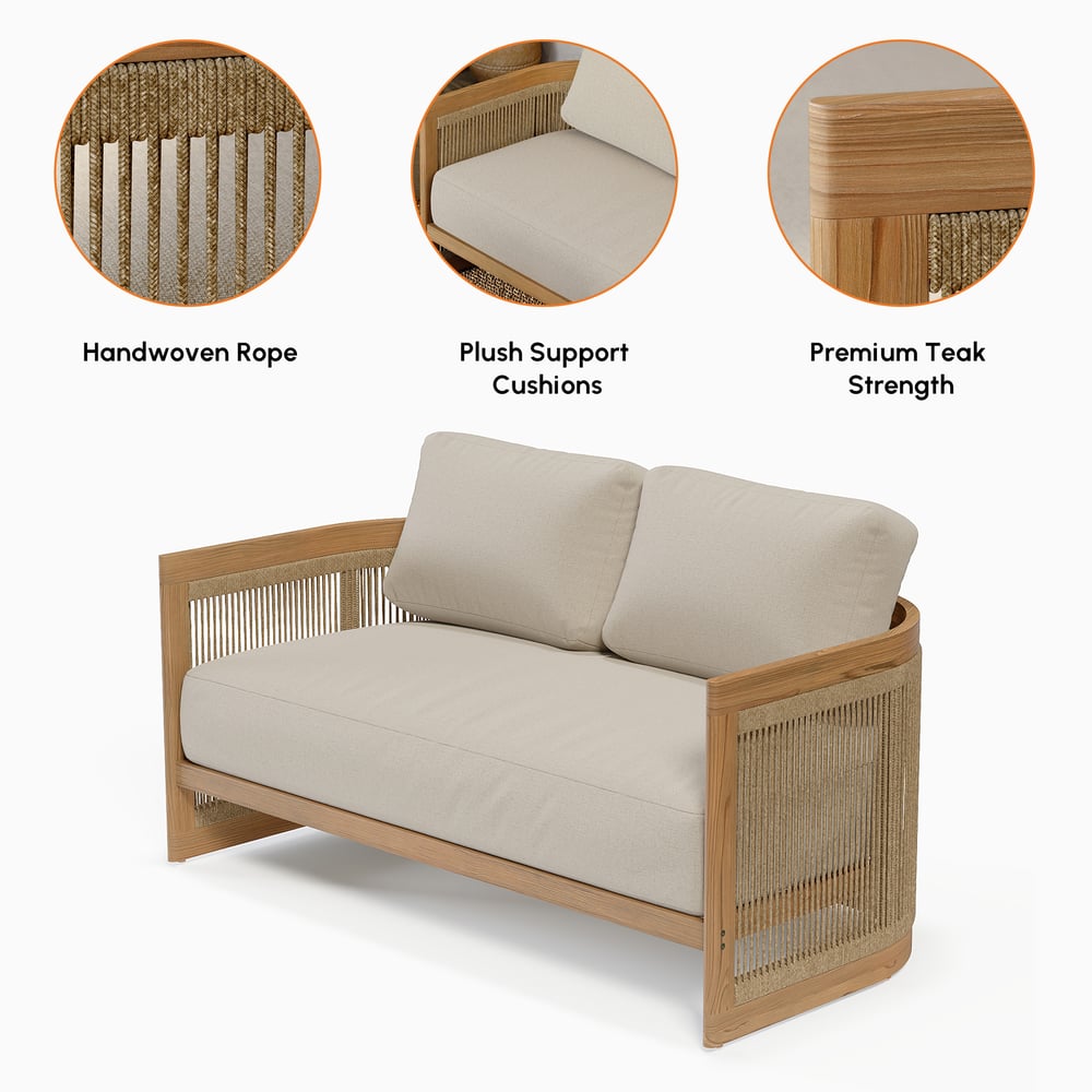 Ensemble de canapé d'extérieur tressé en corde de teck beige 4 pièces image de fenêtre