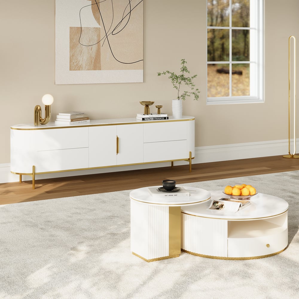 Perguntas e respostas para Armário de TV oval de 220 cm com tampo de pedra sinterizada em branco