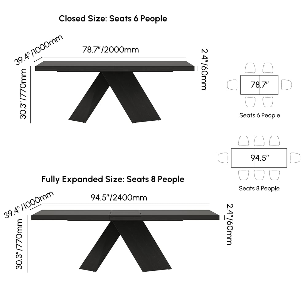 Dining Set 79"-94" Extendable Black Table with 8 Chairs weights dimensions image