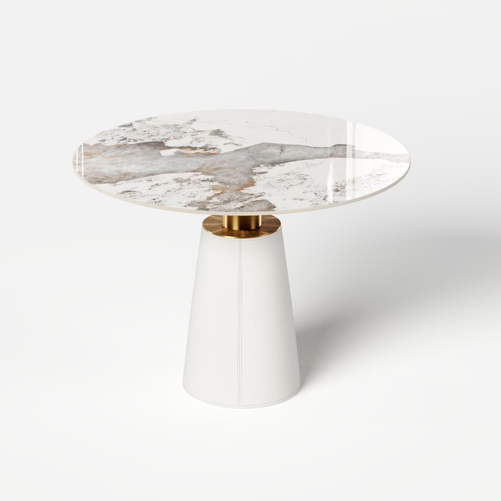 1000mm Sintered Stone Round Dining Table with Saddle Leather Base Seats 2-4 People window image