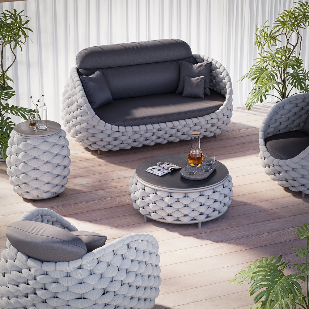 Tatta Outdoor Woven Side Table with Storage, Waterproof Rope & Slate Top window image