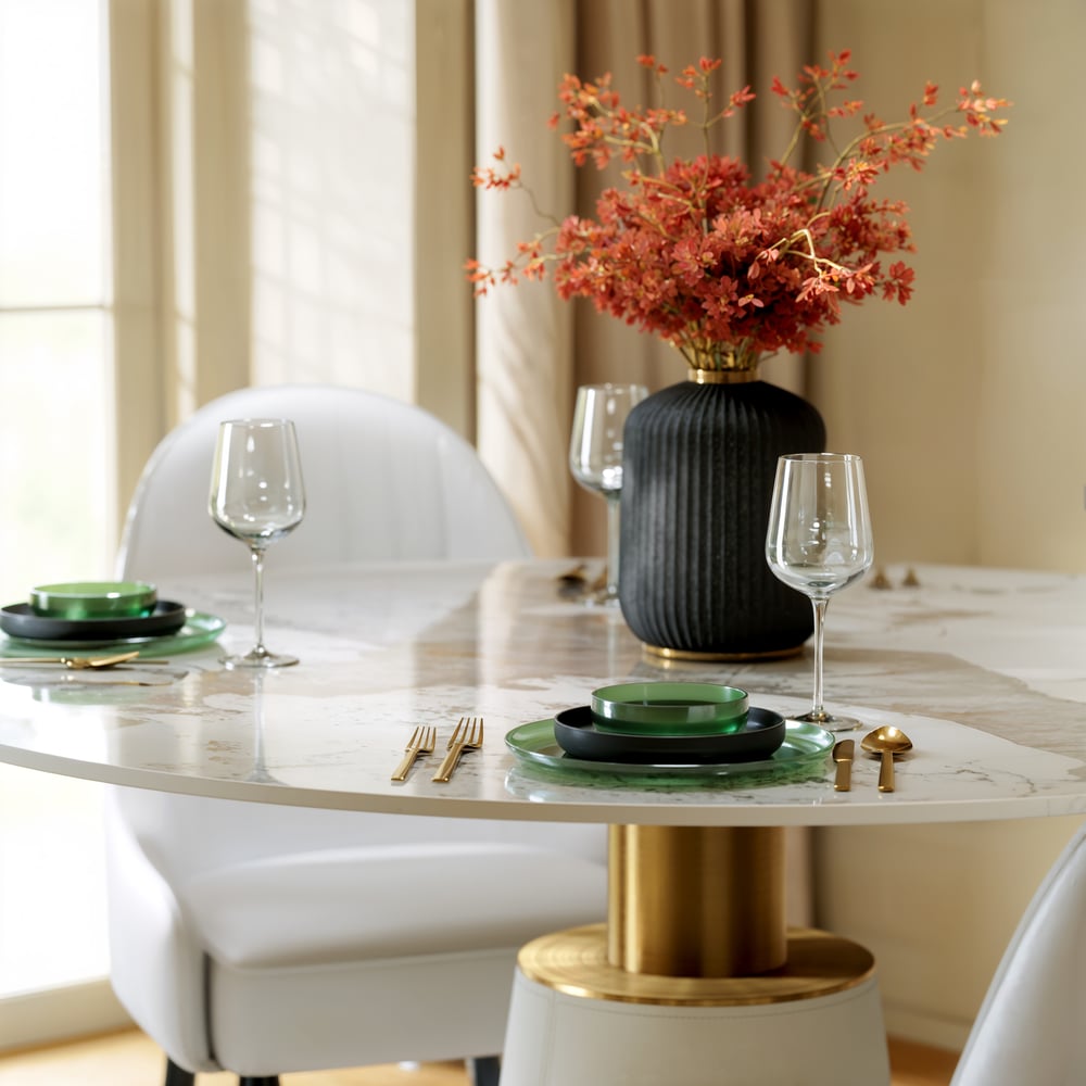 1000mm Sintered Stone Round Dining Table with Saddle Leather Base Seats 2-4 People window image