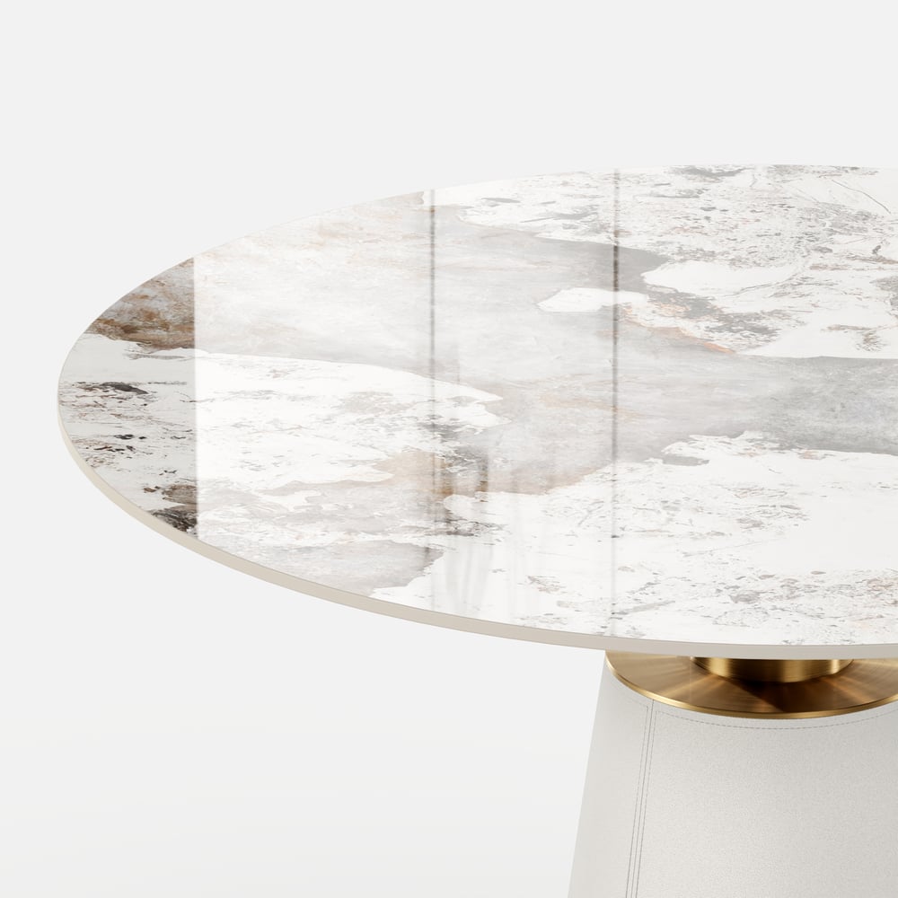 1000mm Sintered Stone Round Dining Table with Saddle Leather Base Seats 2-4 People window image