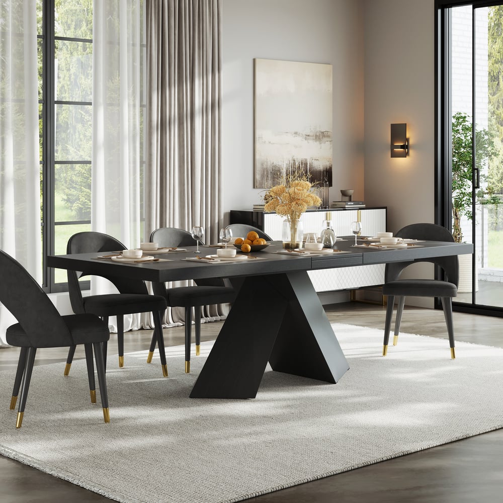 Dining Set 79"-94" Extendable Black Table with 8 Chairs window image