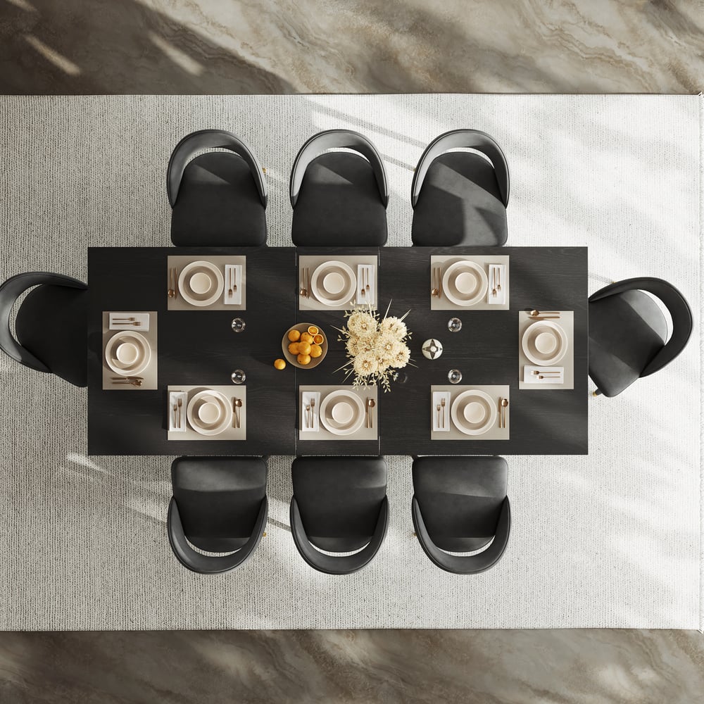 Dining Set 79"-94" Extendable Black Table with 8 Chairs window image