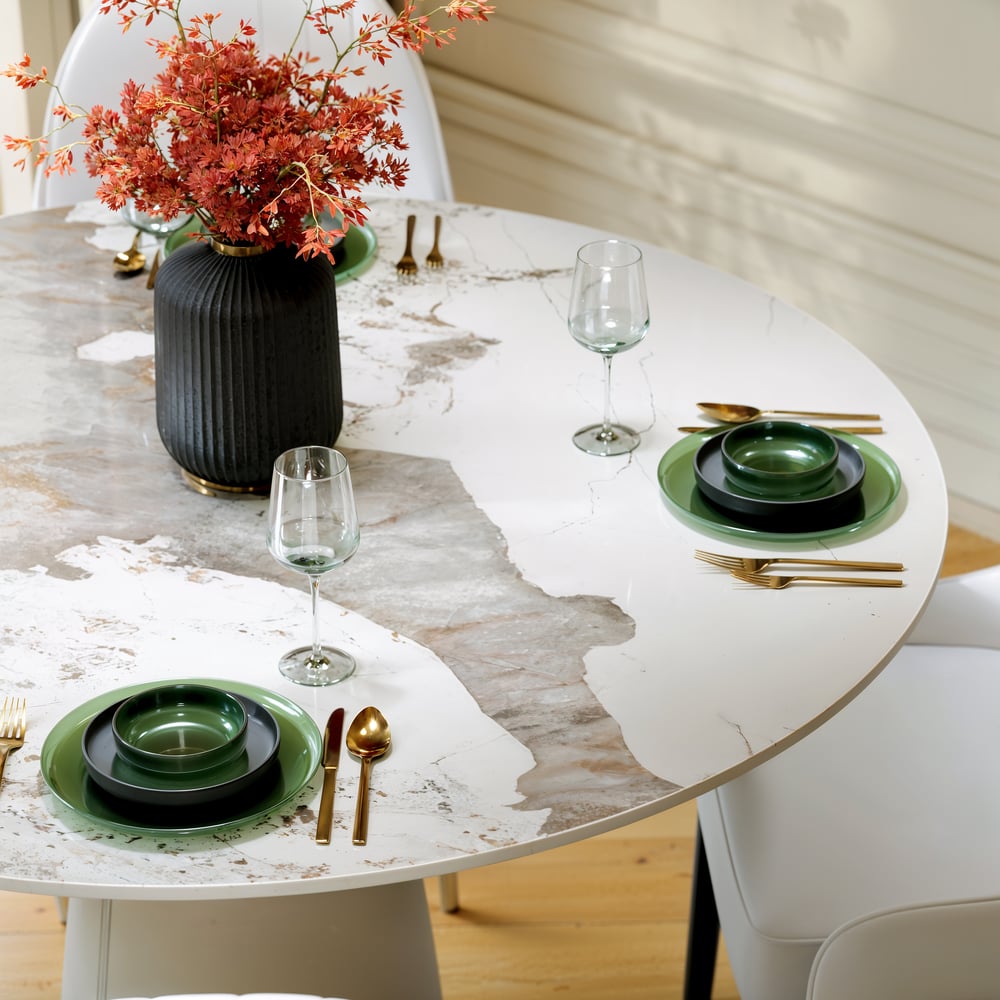 1000mm Sintered Stone Round Dining Table with Saddle Leather Base Seats 2-4 People window image